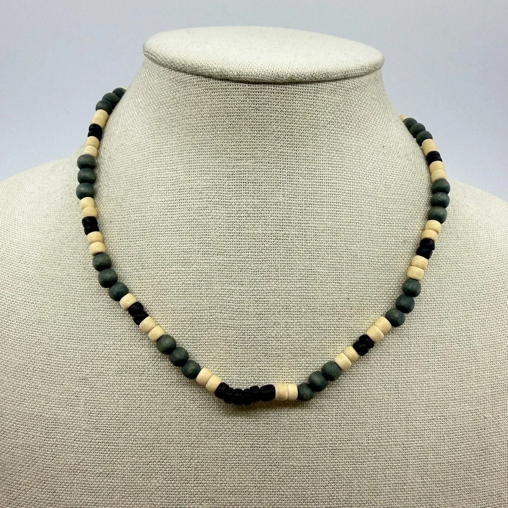 Green Black Cream Wooden Bead Long Necklace Boho Earthy Surfer Unisex Layering